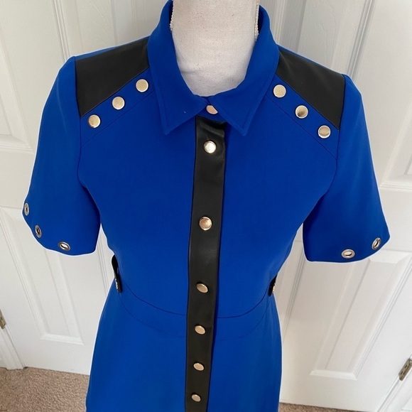 Karen Millen- NWT Blue Stretch Mini Dress w Silver Ring Cutout and Leather Trim - Picture 13 of 13